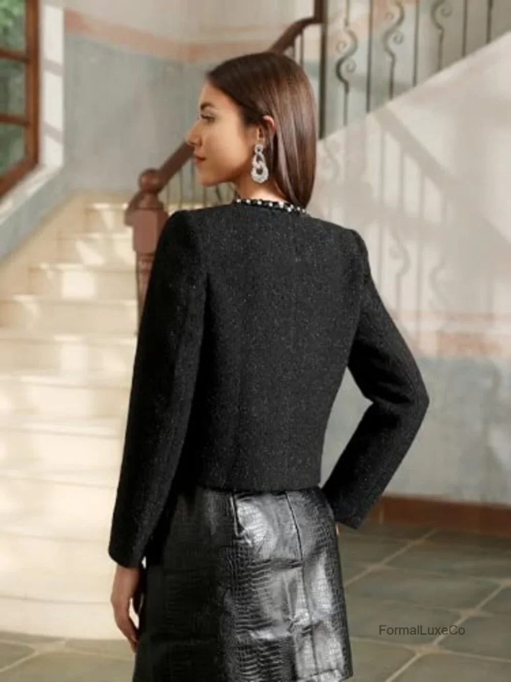 Sequin Tweed Blazer Jacket Party Business Casual Hook Closure